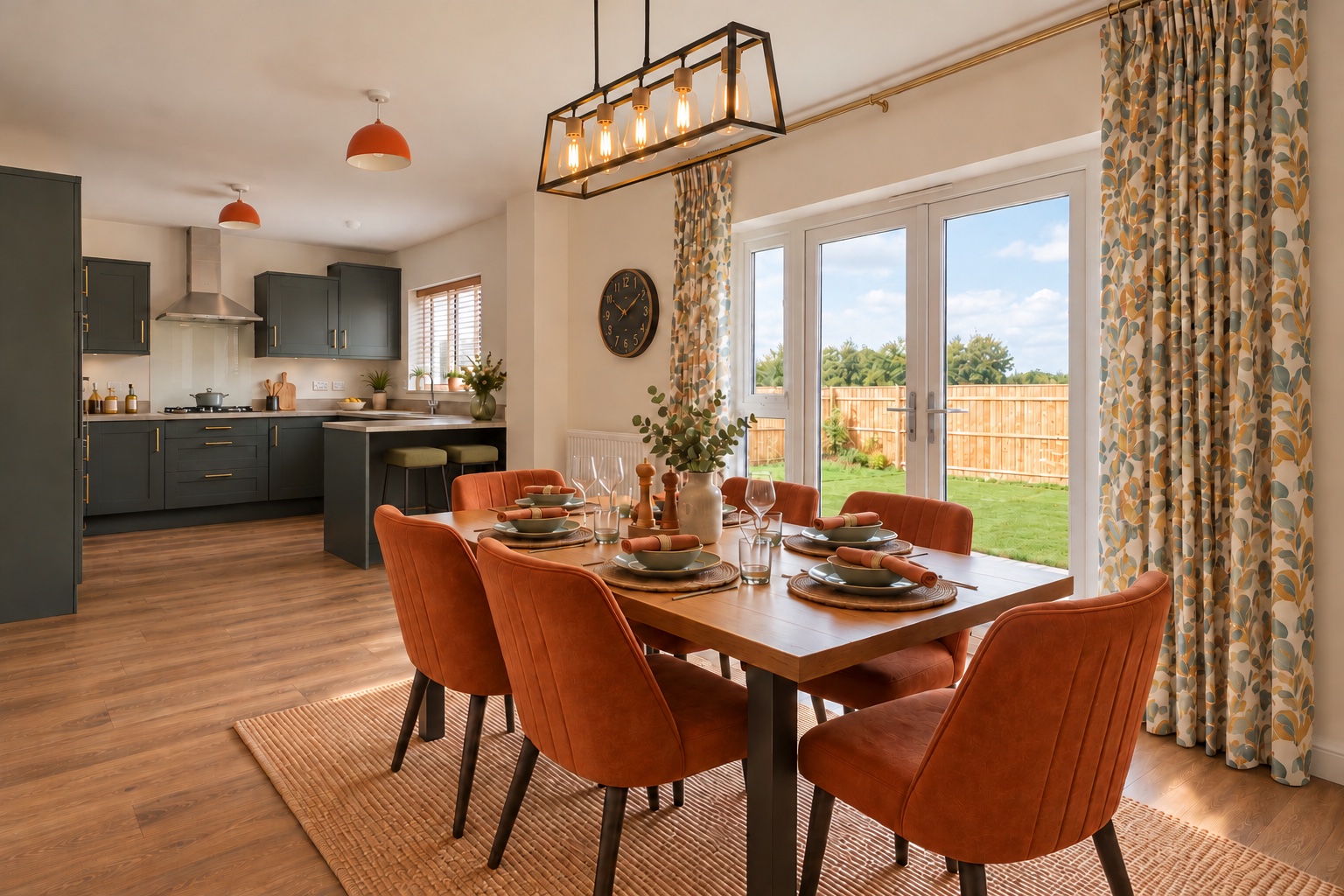 AI-staged illustration of the kitchen, dining and family room